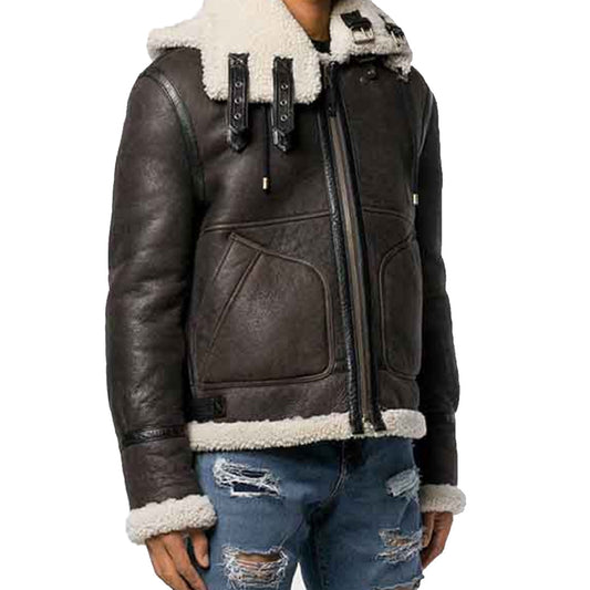 Men’s Grey Charcoal Shearling Hooded Leather Jacket