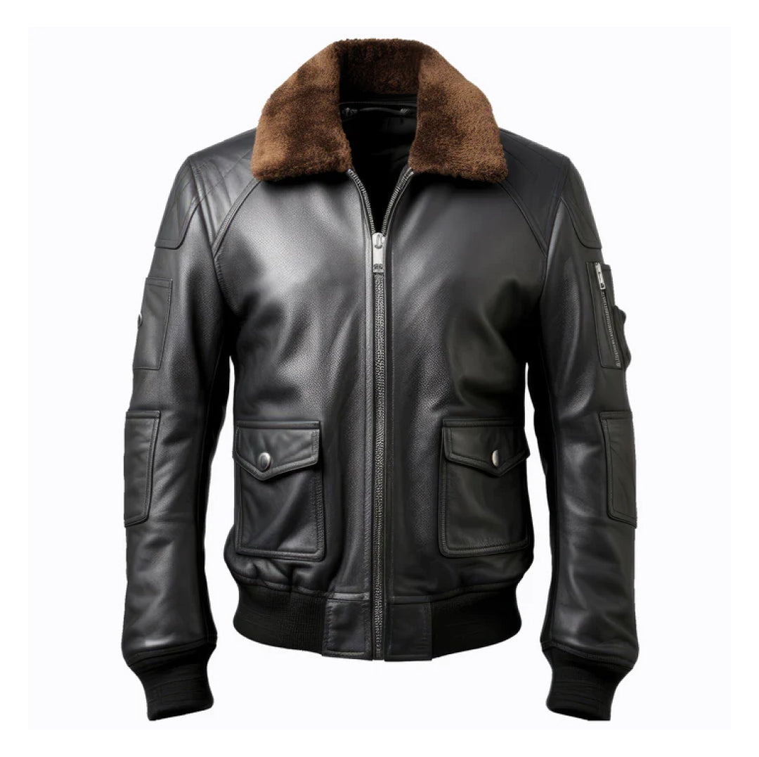 Men's Black B3 Pilot Bomber Lapel Leather Jacket