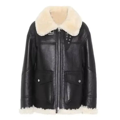 Women's Brown Ivory Aviator Shearling Jacket