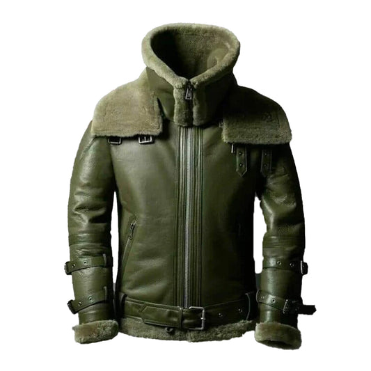 Men's Double Collar Green RAF Bomber Shearling Jacket