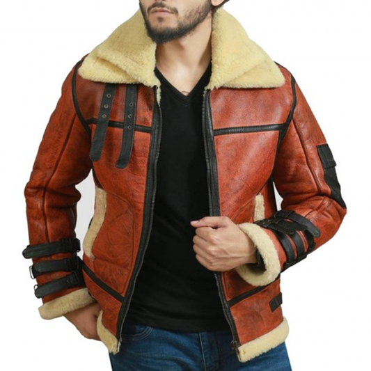 Men's Raf B3 Aviator Doudle Collar Shearling Bomber Leather Jacket