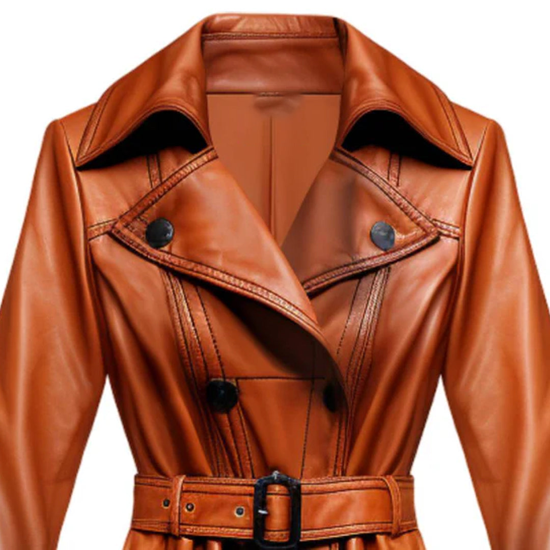 Women Brown Echelon Long Leather Coat