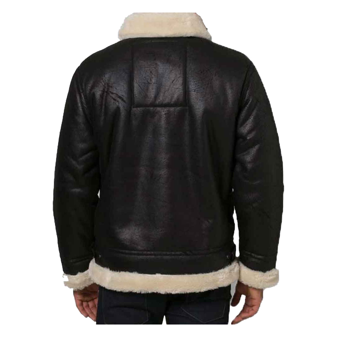 Men's Black Fur Collar Bomber Leather Jacket