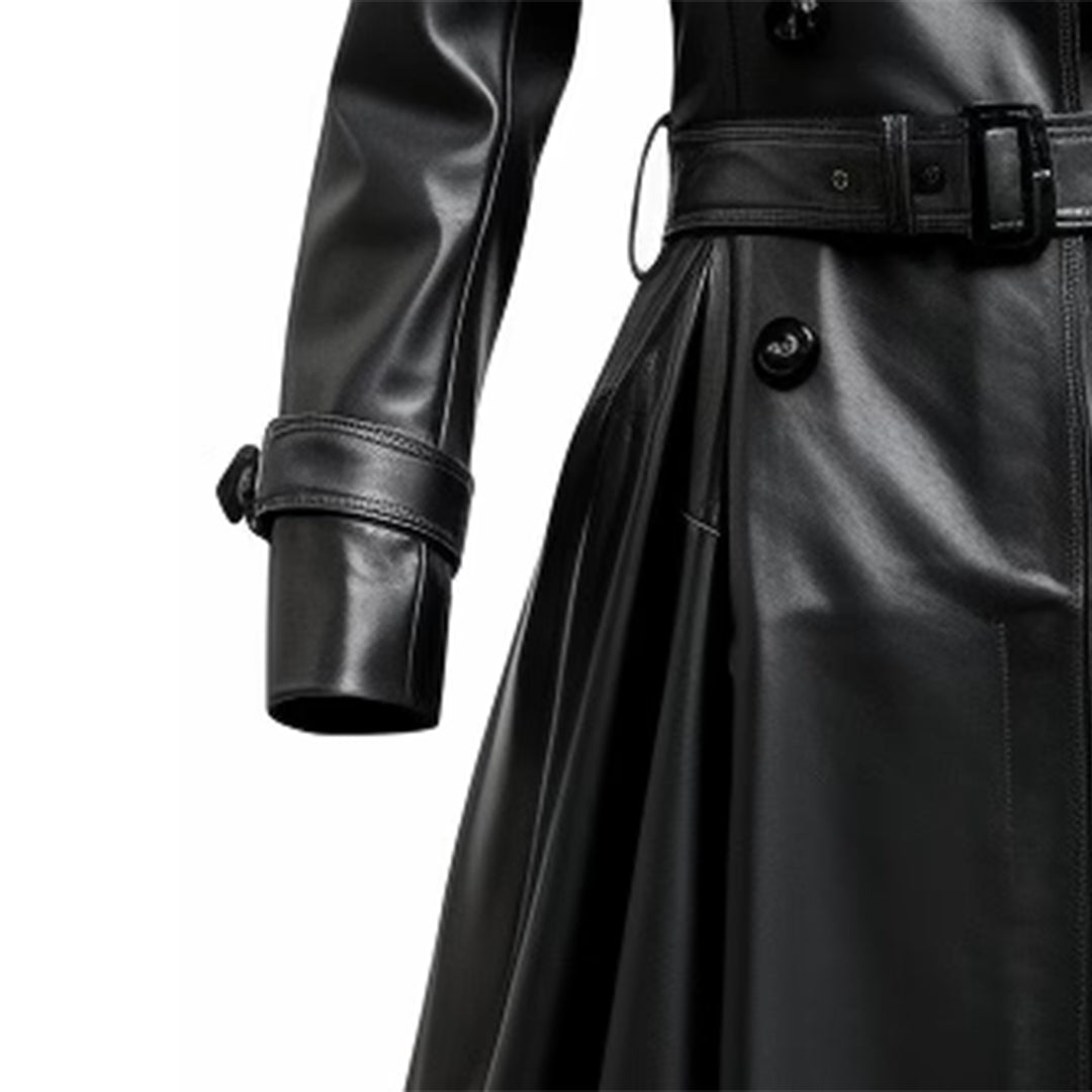 Women Black Bravura Long Leather Coat