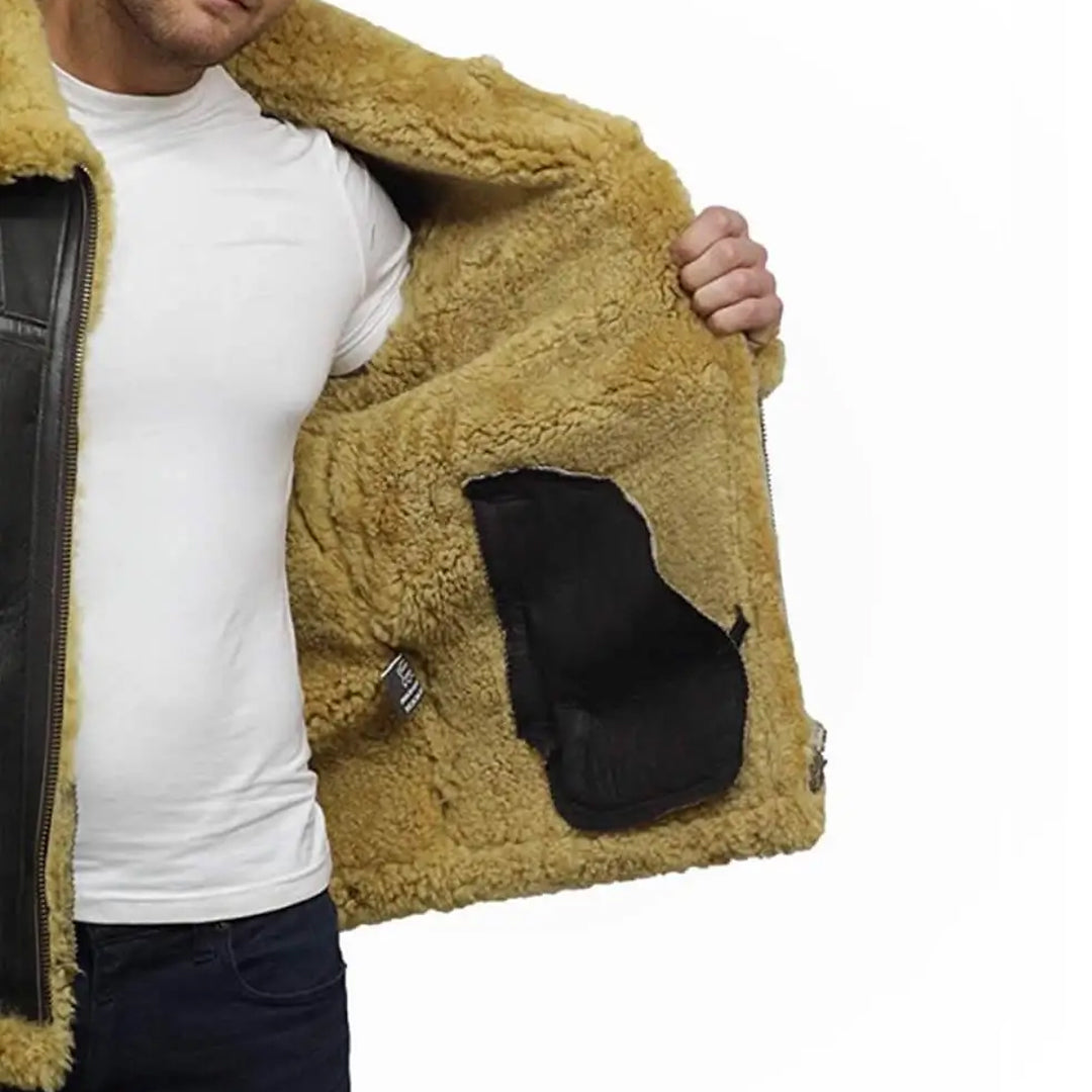 Men’s Real Shearling Bomber Black Leather Jacket