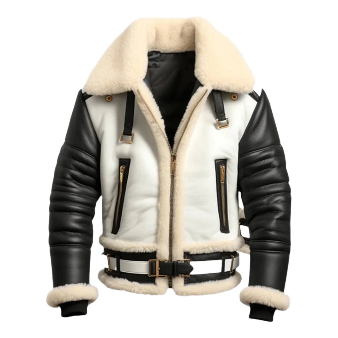 Men's Black & White Aviator B3 Bomber Leather Jacket