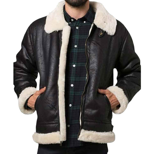 Men's Black Fur Collar Bomber Leather Jacket