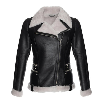 Women’s White Fur Merino Shearling Black Leather Jacket