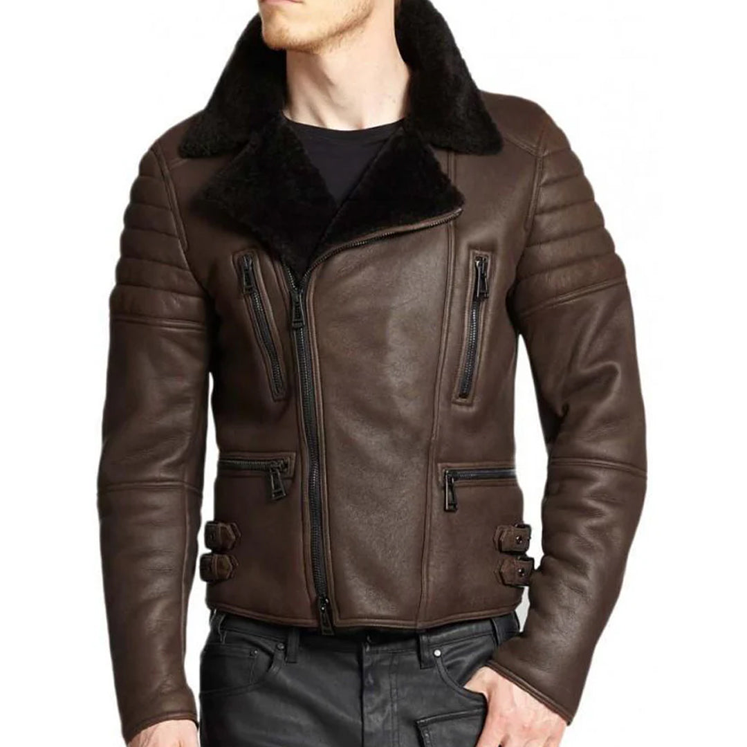 Men's Black Fur Cafe Shearling Brown Leather Jacket