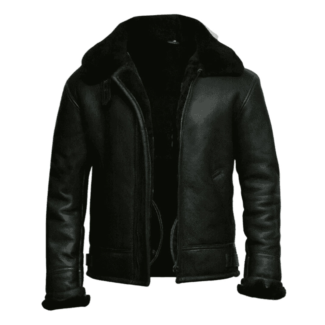 Men's Black Aviator Fur Bomber Shearling Leather Jacket