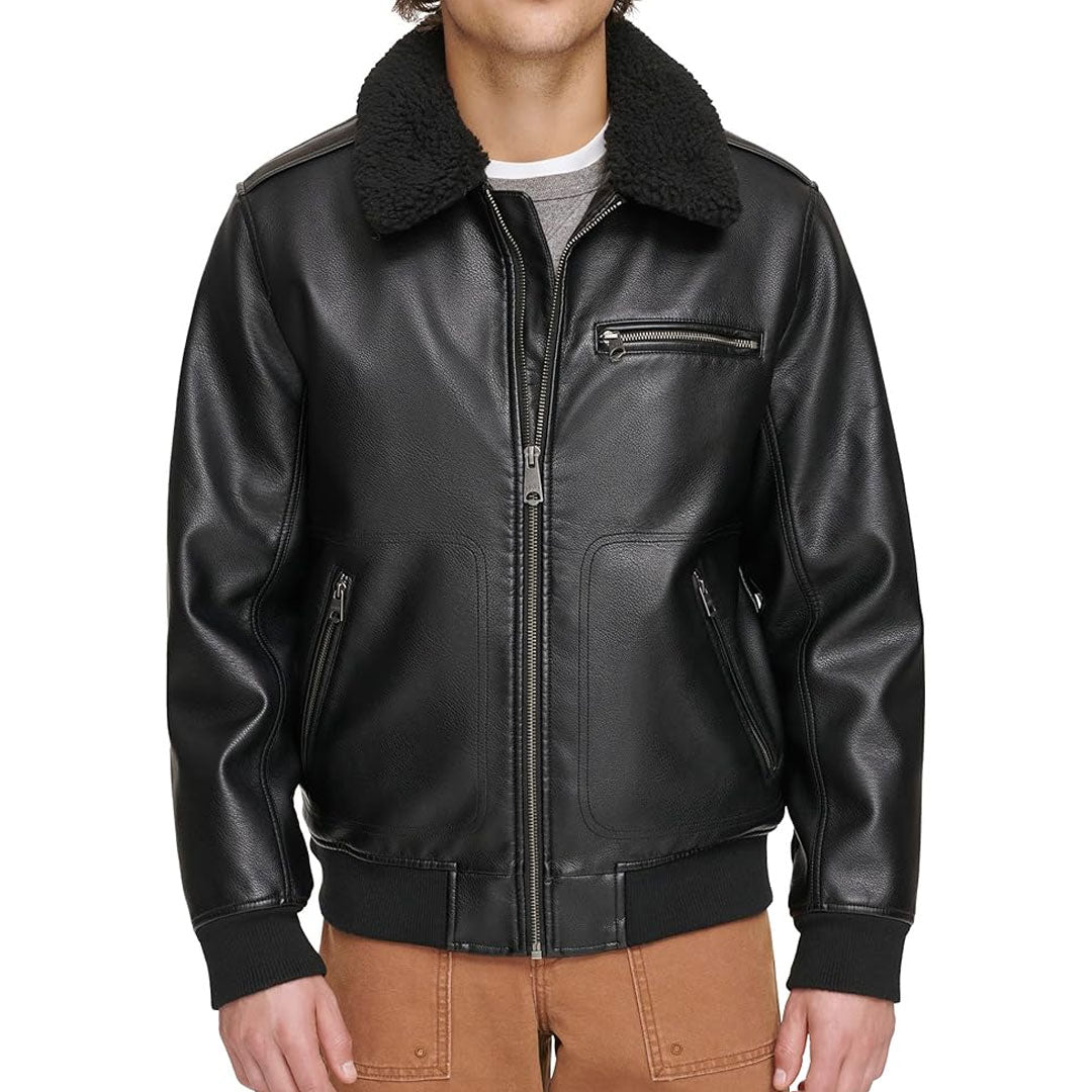 Men's Faux Sherpa Collar Bomber Leather Jacket