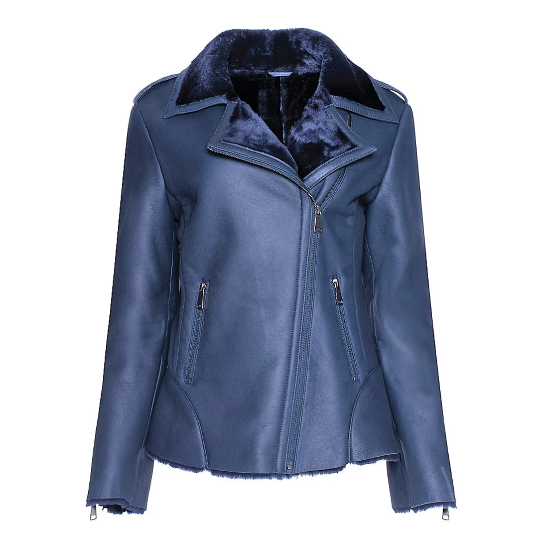 Women's Blue Shearling Straight Moto Jacket