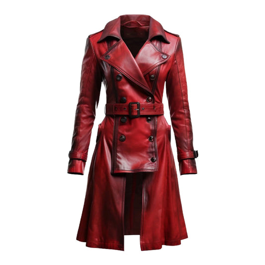 Women Red Vire Long Leather Coat