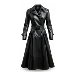 Women Black Bravura Long Leather Coat