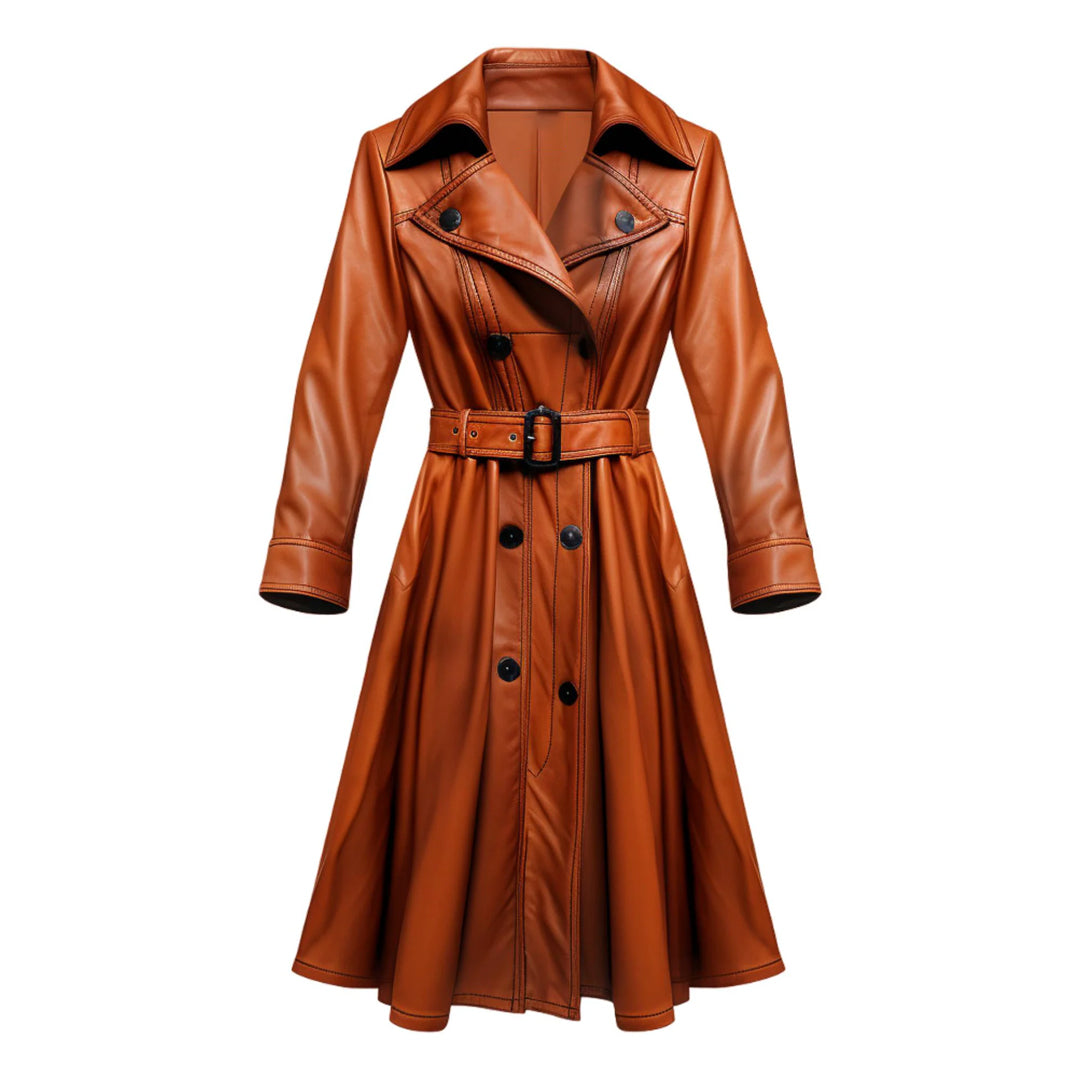 Women Brown Echelon Long Leather Coat