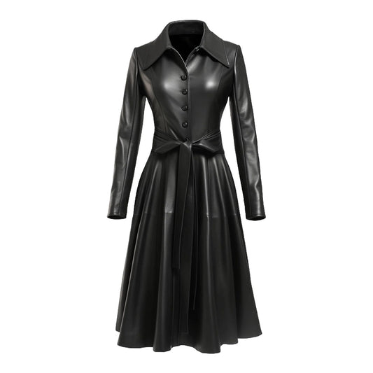 Women Black Nexa Long Leather Coat