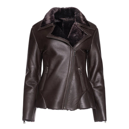 Women's Brown Shearling Straight Moto Jacket