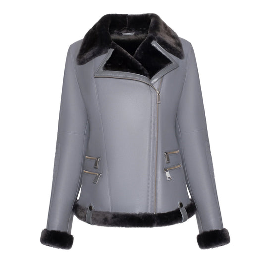 Women’s Black Fur Merino Shearling White Leather Jacket