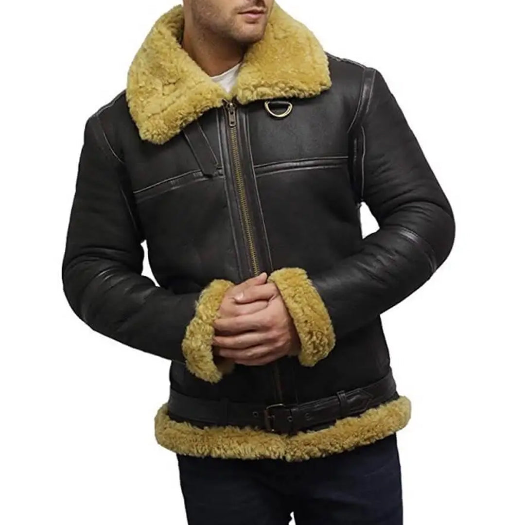 Men’s Real Shearling Bomber Black Leather Jacket