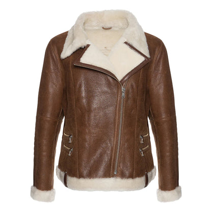 Women’s White Fur Merino Shearling Brown Leather Jacket