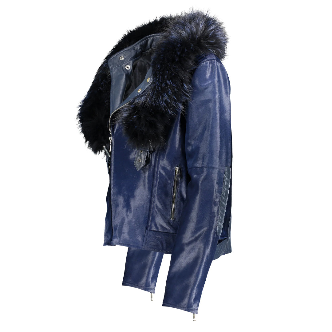 Women's Tara Calf Blue Fur Blue Leather Jacket