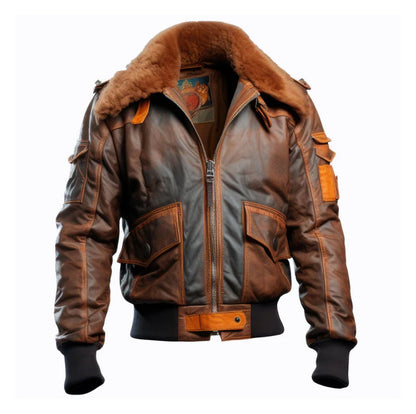 Men's Brown Flight Lapel Shearling Bomber Leather Jacket