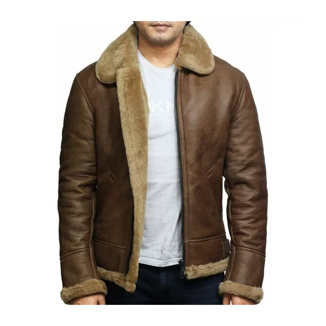 Men's Brown Vintage Shearling Bomber Leather Jacket